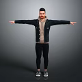 Man Standing With Arms Outstretched Wearing Black Jacket Hoodie Black Pants And Sneakers