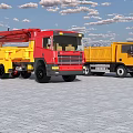 Red And Yellow Utility Trucks Parked On Paved Ground Under Blue Sky With Clouds