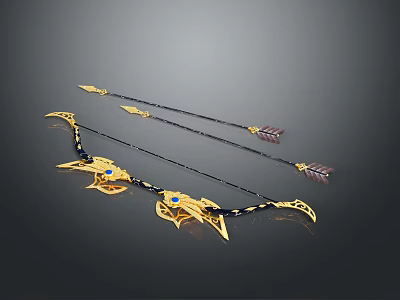 Medieval Fantasy Weapon Elaborate Bow Featuring Golden Accents Blue Gemstones And Arrows 3d model