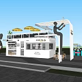 Modern Container Building Cafe With White Exterior Yellow Umbrellas And Outdoor Seating