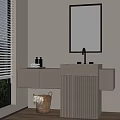 Modern Bathroom Vanity With Wall Mirror Cabinet and Wicker Basket Near Window With Blinds