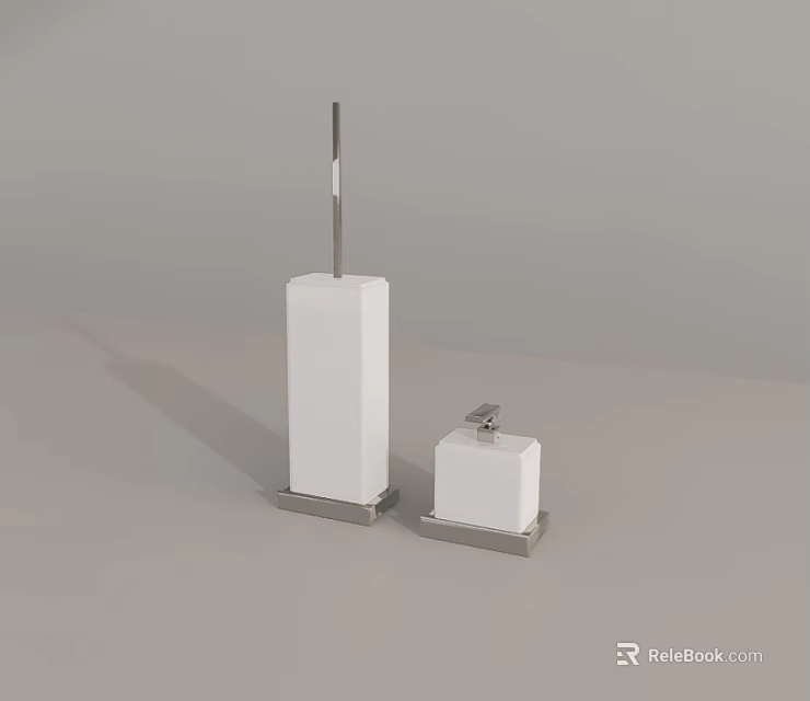 White Toilet Brush With Long Handle And Soap Dish With Small Handle On Grey Background 3d model 