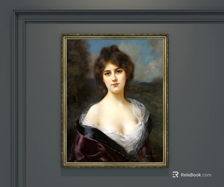 Woman Portrait Painting in White and Dark Attire with Natural Landscape and Gold Frame 3d model 