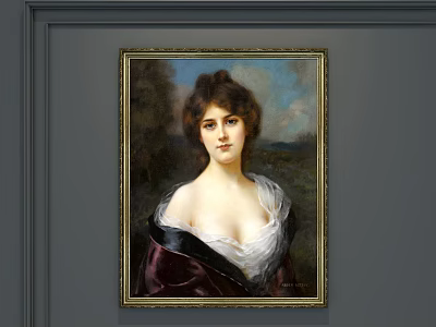 Woman Portrait Painting in White and Dark Attire with Natural Landscape and Gold Frame 3d model