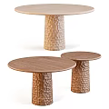 Round Wooden Coffee Table Set With Textured Cylindrical Bases And Modern Design