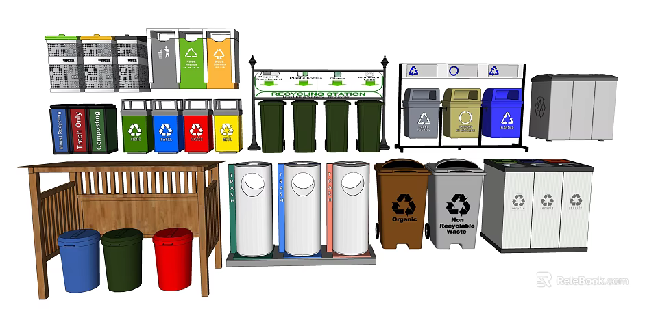 Public Recycling Trash Bins With Waste Classification And Colorful Design 3d model 