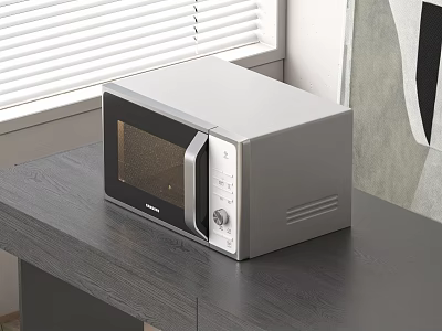 Modern Kitchen Microwave Oven Placed On Dark Wooden Table With Window Blinds And Wall Art 3d model