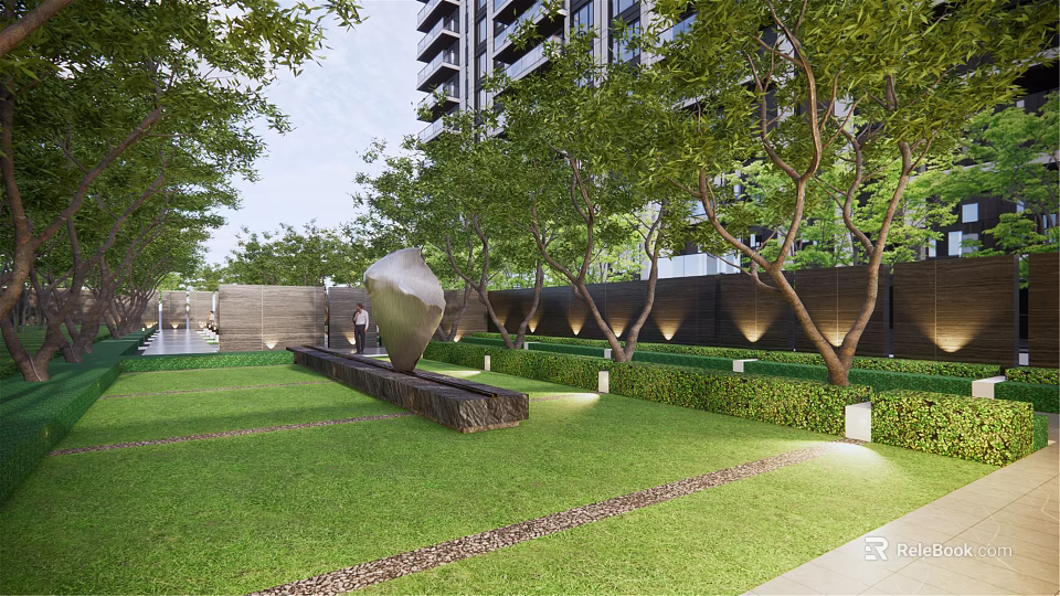 Modern Landscape Feature Wall In Garden With Green Trees Lawn And Sculpture 3d model 