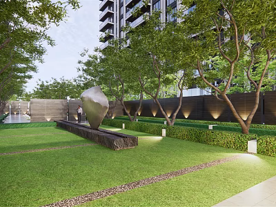 Modern Landscape Feature Wall In Garden With Green Trees Lawn And Sculpture 3d model
