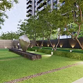 Modern Landscape Feature Wall In Garden With Green Trees Lawn And Sculpture