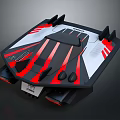Red And Black Racing Model Vehicle With Aerodynamic Design And White Stripes