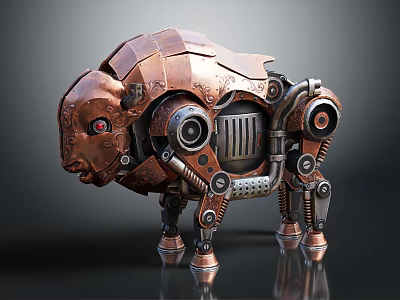 Copper Mechanical Bison Character With Steampunk Gears And Metal Structure Design 3d model