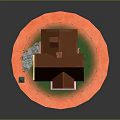 Miniature House Featuring Yellow Pink Walls Brown Roof Street Lamp Wooden Fence and Circular Platform