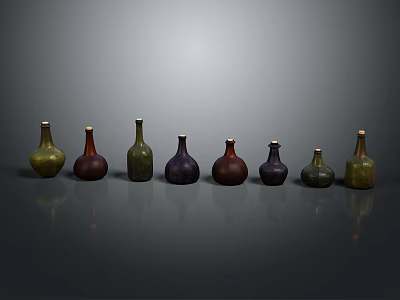 Colored Glass Bottles Neatly Arranged On Gray Background With Various Hues 3d model