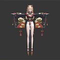 3D Anime Female Character In Ornate Traditional Kimono With Bird Patterns And Outstretched Arms