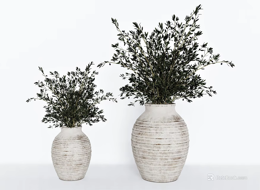 Two White Textured Vases With Green Foliage For Modern Home Decor 3d model 