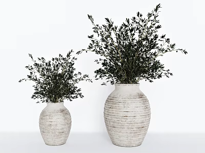 Two White Textured Vases With Green Foliage For Modern Home Decor 3d model