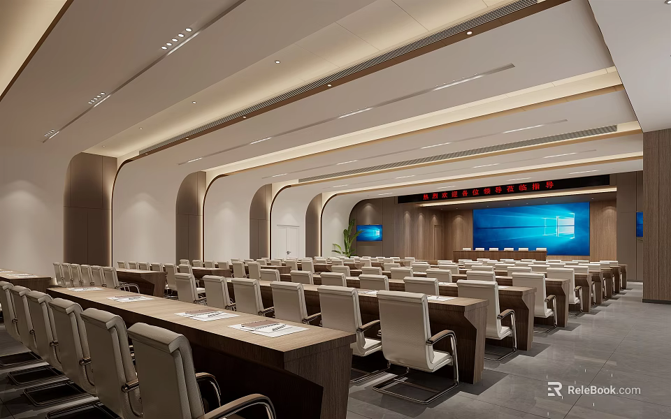 Modern Conference Room Interior With Spacious Layout Arranged Chairs And Large Screen 3d model 