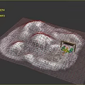 Scenic Snowy Mountain Terrain with Small Green Structure and Wooden Frame