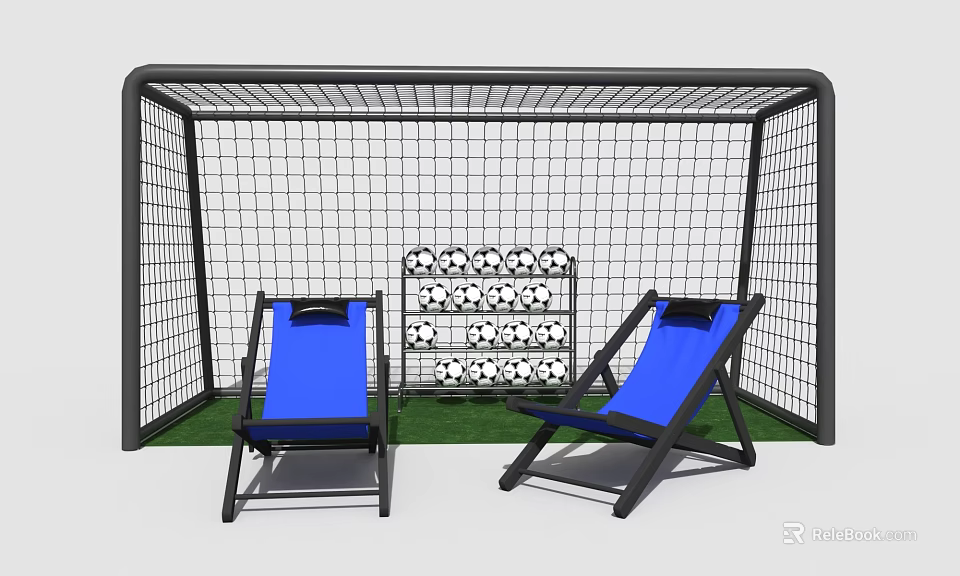 Soccer Goal Photo Spot With Ball Rack Soccer Balls Blue Lounge Chairs Green Lawn 3d model 