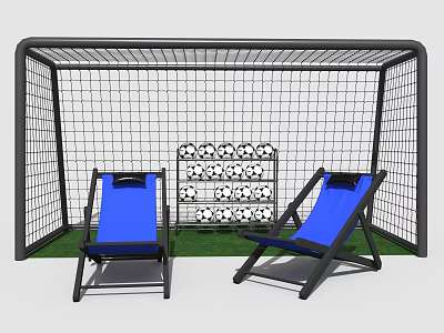Soccer Goal Photo Spot With Ball Rack Soccer Balls Blue Lounge Chairs Green Lawn 3d model