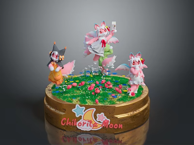 Colorful Fantasy Creatures on Round Base with Grass Flowers Stars and Chlorite Moon 3d model