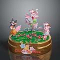 Colorful Fantasy Creatures on Round Base with Grass Flowers Stars and Chlorite Moon