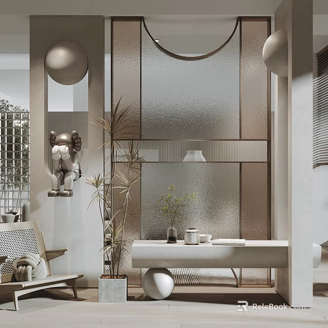 Elegant Modern Interior Design With Frosted Glass Partition And Decorative Plants 3d model 