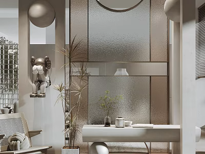 Elegant Modern Interior Design With Frosted Glass Partition And Decorative Plants 3d model