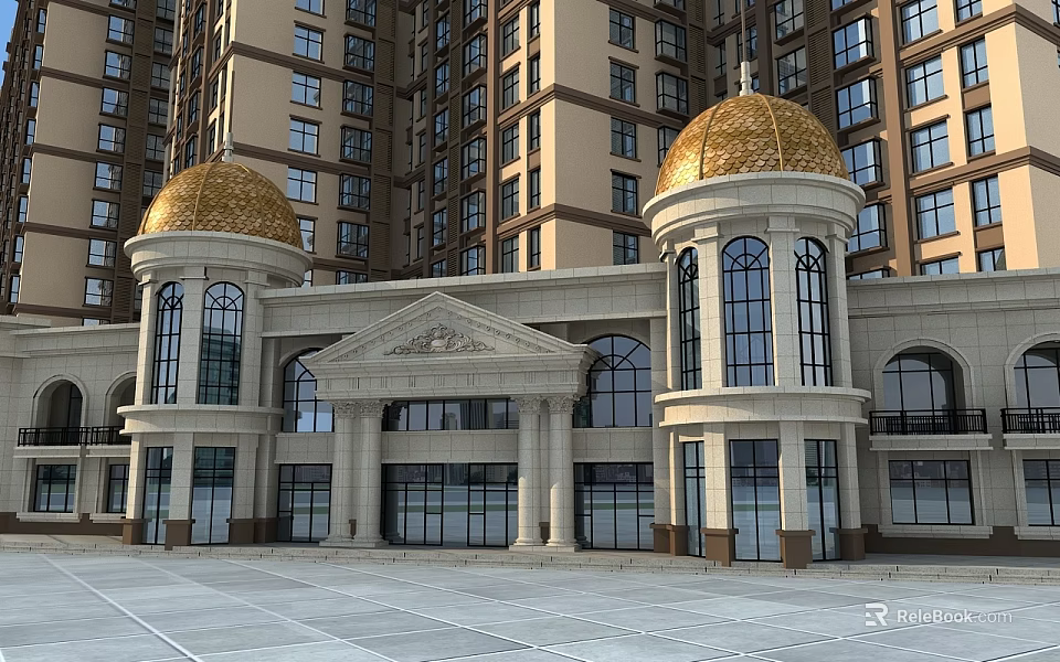 European Style Architecture With Golden Domes Columns And Plaza Front High Rise Buildings 3d model 