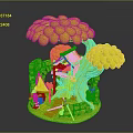 Magical Tree Scene Featuring Stone Archway Wooden Cabin Red Flag And Figure