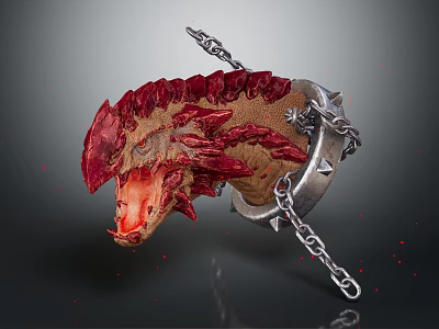 Red Brown Creature Head With Spiked Metal Collar And Chain Against Dark Background 3d model