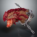 Red Brown Creature Head With Spiked Metal Collar And Chain Against Dark Background