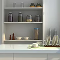 White Kitchen Countertop With Shelf Holding Storage Jars Bowls Cup Plates And Potted Plant
