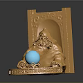 Golden Ornate Decorative Sculpture With Blue Crystal Ball And Carved Base