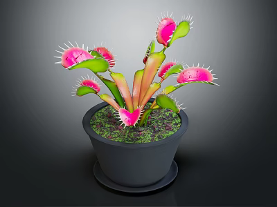 Venus Flytrap Plant with Pink Traps and Green Leaves in Black Pot for Indoor Gardening 3d model
