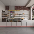 Modern Cafe Interior With Red Door Windows Brick Wall Posters And Blue Chairs