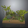 Natural Landscape Model with Green Trees Hanging Vines Wooden Bench Pathway and Water Area