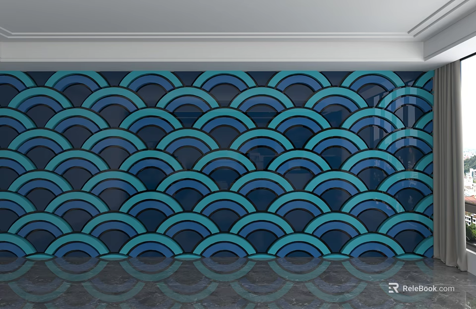 Modern Background Wall Design With Blue Teal Wave Pattern And Decorative Panels 3d model 
