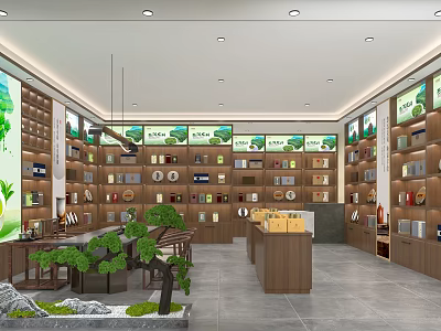 Modern Tea House Interior With Wooden Shelves Various Tea Products And Green Plants Decoration 3d model