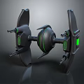 Futuristic Sci-Fi Aircraft With Black Body Green Accents Winged Frame Spherical Core And Weapon Attachments