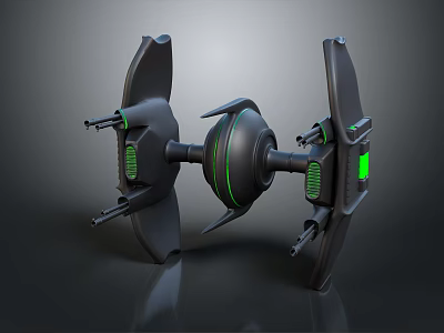Futuristic Sci-Fi Aircraft With Black Body Green Accents Winged Frame Spherical Core And Weapon Attachments 3d model