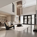 Modern Duplex Living Room Interior With Staircase Sofa Rug And Chandelier