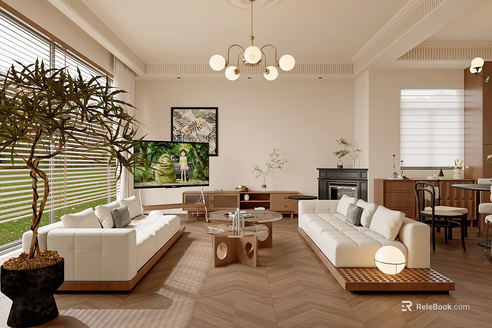 Warm Cream Style Living And Dining Room With Natural Wood Furniture And Comfortable Interior Design 3d model 