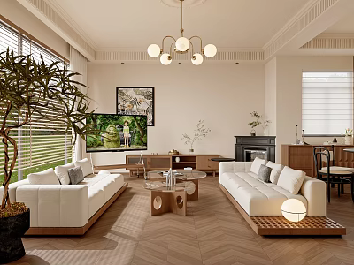Warm Cream Style Living And Dining Room With Natural Wood Furniture And Comfortable Interior Design 3d model