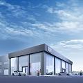 Modern Automotive 4S Dealership Building With Glass Facade White Cars And People At Entrance