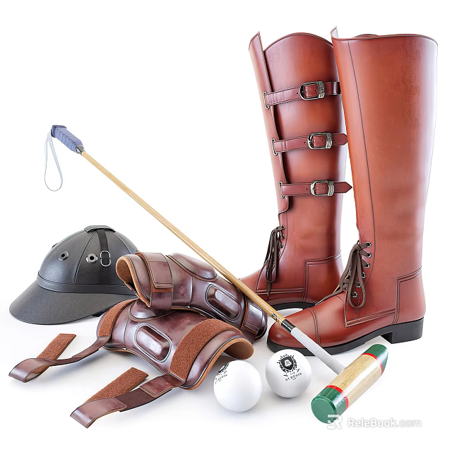 Classic Leather Riding Boots For Equestrian Use With Helmet Gloves Polo Mallet And Balls 3d model 