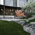 Modern Garden Landscape With Illuminated Geometric Patterns Trees Grass And Paved Pathways