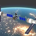 Satellites In Earth Orbit With Solar Panels And Communication Technology Above Illuminated Earth Surface 3d model
