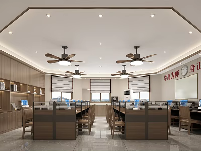 Modern Public Office Area With Desks Chairs Ceiling Fans And Storage Cabinets 3d model